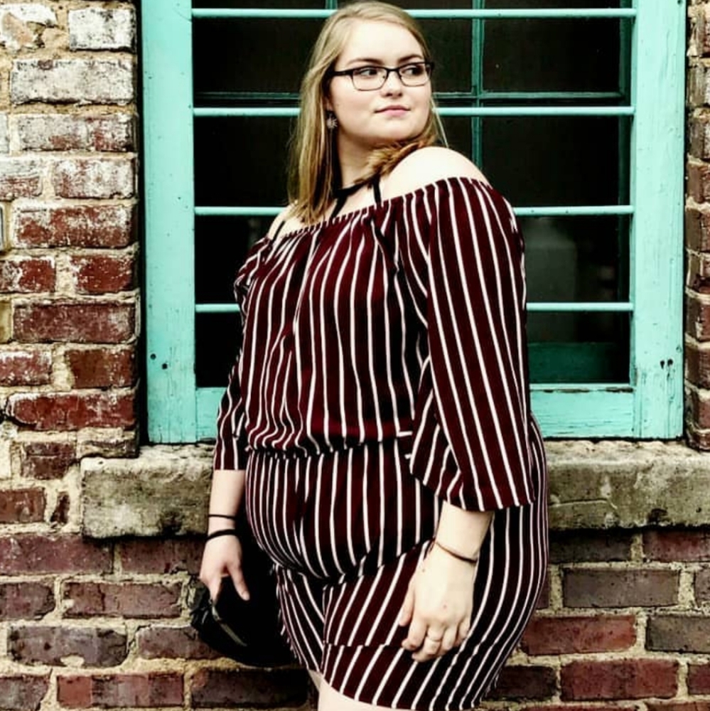 Burgundy and creme off the shoulder romper